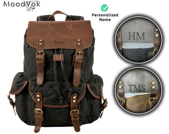 Leather black backpack, Hiking leather backpack, 17" Personalized Leather Backpack, Canvas leather backpack, Waterproof backpack, Mans gift