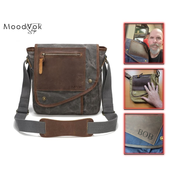 PERSONALISIERTE Leder-Männer-Tasche, Leder-Umhängetasche, Leder-Umhängetasche, Herren-Arbeitstasche mit Klappe, Reißverschlusstasche vorne, Vatertagsgeschenk