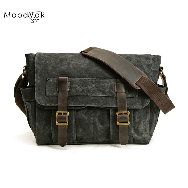 Personalized handmade waxed canvas messenger bag, Camera bag for man, Mens leather bag, Camera bag, Shoulder bag case, Crossbody bag, Gift Black