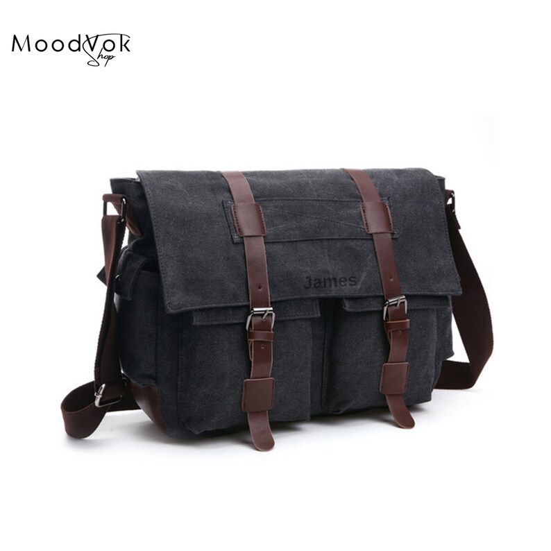Unisex Messenger bag, Shopper bag, Personalized canvas crossbody, Waxed canvas messenger bag, Water resistant bag, Handmade gift Black