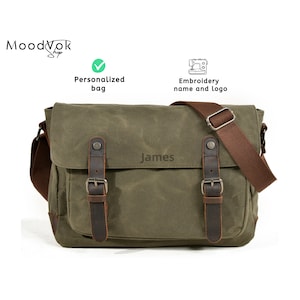 Personalized waxed canvas messenger bag men, Weekend travel bag, Laptop shoulder bag, Water resistant messenger bag, Crossbody shoulder bag