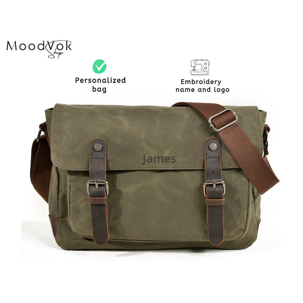 Personalisierte gewachste Canvas Umhängetasche Herren, Wochenend-Reisetasche, Laptoptasche, Wasserfeste Umhängetasche, Crossbody-Umhängetasche