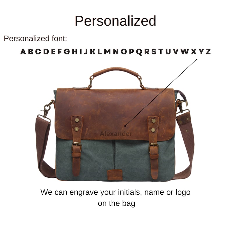 Personalized leather messenger bag, Waterproof canvas bag, Mens briefcase , Leather laptop bag, Office shoulder bag, Best graduation gift zdjęcie 3