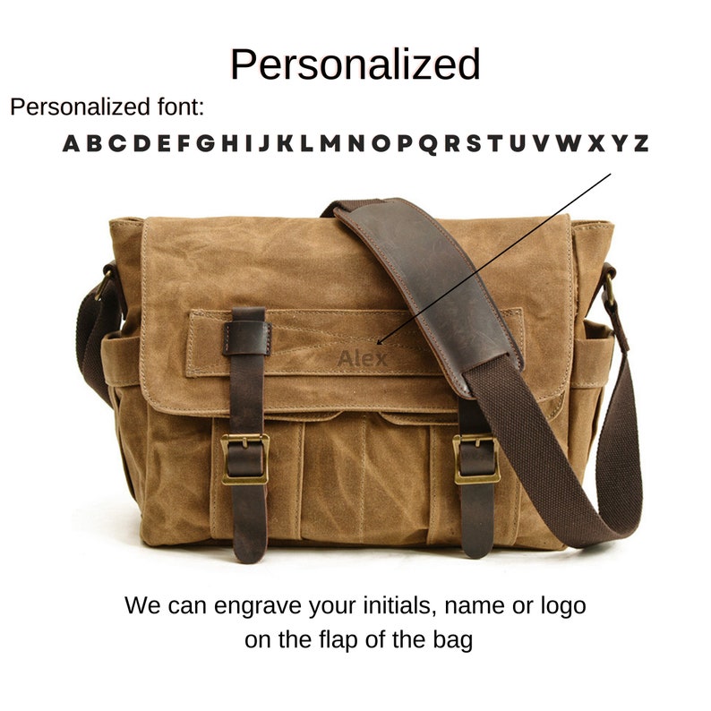 Personalized handmade waxed canvas messenger bag, Camera bag for man, Mens leather bag, Camera bag, Shoulder bag case, Crossbody bag, Gift zdjęcie 2
