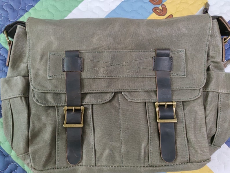Personalized handmade waxed canvas messenger bag, Camera bag for man, Mens leather bag, Camera bag, Shoulder bag case, Crossbody bag, Gift image 3