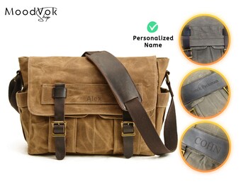 Personalized handmade waxed canvas messenger bag, Camera bag for man, Mens leather bag, Camera bag, Shoulder bag case, Crossbody bag, Gift