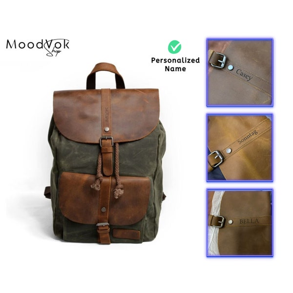 Gewachster Canvas Rucksack für die Schule, Reise-Canvas Rucksack, Lederrucksack, Minimalistischer Reiserucksack, Wickeltasche Rucksack Geldbörse, Laptop