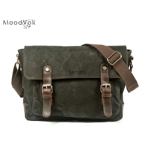 Personalisierte gewachste Canvas Umhängetasche Herren, Wochenend-Reisetasche, Laptoptasche, Wasserfeste Umhängetasche, Crossbody-Umhängetasche Schwarz