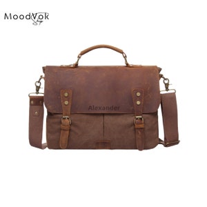 Personalized leather messenger bag, Waterproof canvas bag, Mens briefcase , Leather laptop bag, Office shoulder bag, Best graduation gift Brązowy