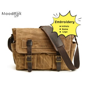 Personalized handmade waxed canvas messenger bag, Camera bag for man, Mens leather bag, Camera bag, Shoulder bag case, Crossbody bag, Gift Brązowy