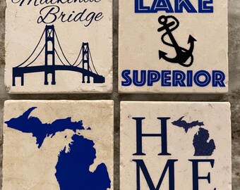 Michigan Coasters,Michigan,Michigan gifts,Lake Superior, Mackinac Bridge