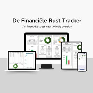 Op de afbeelding: Een digitale financiële tracker weergegeven op een desktopmonitor, laptop, tablet en smartphone. De schermen tonen diverse spreadsheets, cirkeldiagrammen en staafdiagrammen met de tekst De Financiële Rust Tracker en Van financiële stress naar volledig overzicht.
