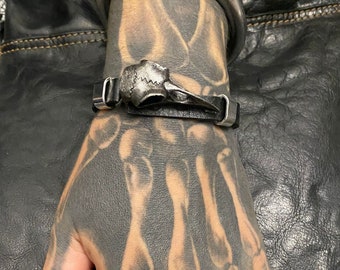 Raven crow Skull Goth Punk rocker black Veggie leather buckle wristband cuff bangle bracelet gender neutral tattoo art viking metal