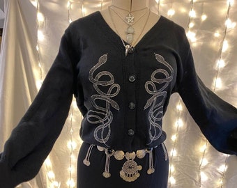 Entwined snakes embroidered pixie goth Vegan knit black button up cardigan top One Size unisex magical witchy  festival  cozy 12 14 16