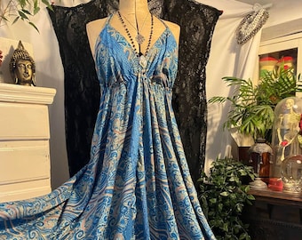 Ice blue 70s paisley backless cottage core magnificent recycled silk sari maxi dress bohemian goddess hippy Festival Spirit summer free size