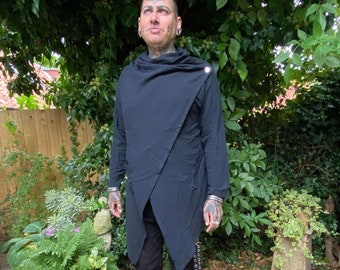 Asymmetrical goth punk angular cut medical wrap front unisex mens top shirt jacket waterfall cowl neck industrial post apocalyptic L XL XXL