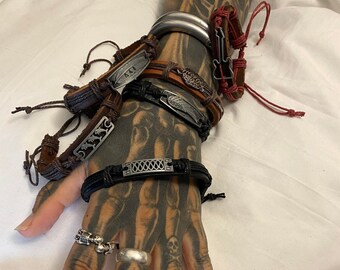 Recycled leather wristband Biker Goth Punk Tattoo glam rock n roll Icon cuff bangle bracelet friendship gender neutral dolphin guitar angel