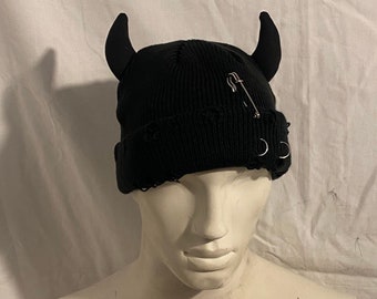 Horny Devil bad Goth punk skater pierced safety pin devil horns beanie pull on hat unisex festival cozy dreadlocks mall goth birthday gift