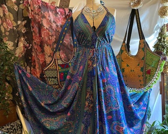 Electric blue magnificent butterfly wing paisley recycled silk sari maxi dress gypsy bohemian goddess hippy Festival Spirit summer free size