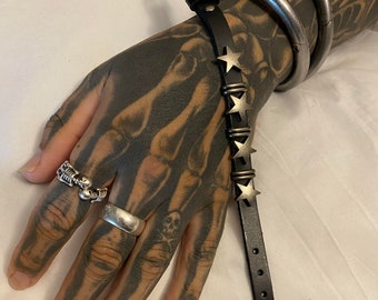 Biker Goth Punk Tattoo glam rock n roll vegan leather buckle four star wristband cuff bangle bracelet gender neutral tattoo metal Valentine