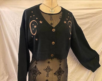 Crescent moon & starlight embroidered pixie goth forest fairy core Vegan knit black button up cardigan top One Size unisex cozy 12 14 16