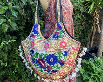 Beaded Romany Rose Rainbow unique vintage recycled antique fabric gondola shoulder bag bohemian festival magical romantic tassel sari hippy