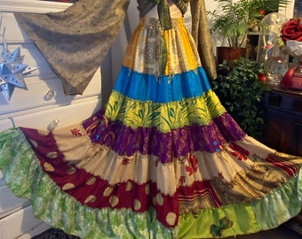 Rainbow Carnival layered Patchwork peasant gypsy skirt recycled silk sari fabric romantic boho babe hippy festival 10-16  elastic waist