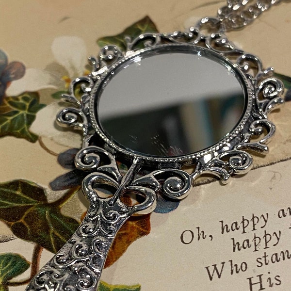 Collier pendentif conte de fées petit miroir enchanté Alices look verre Steampunk gothique romantique filigrane victorien vanité émotions mortelles