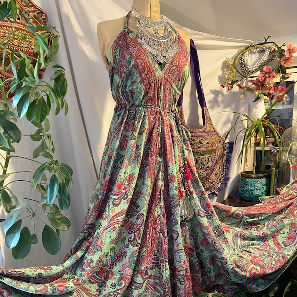 Forest green & berry pink recycled silk sari gypsy layer maxi dress handmade fair trade bohemian goddess hippy fairy festival free size