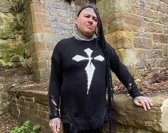 Ragged Dagger Gothic Cross distressed Goth black vegan knit long line  jumper one size Unisex rebel cross festival rock star