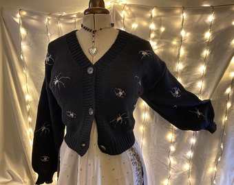 Spiders Embroidered Cottage core pixie goth Vegan knit black button up cardigan One Size unisex Witchy magical insect festival cozy 12 14 16