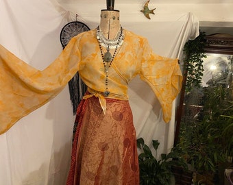 Orange Marmor Glocke Ärmel Wrap über Krawatte vorne Top Shrug Boho Hippy Fairy Core Sari handgemacht fair trade lebendige fließende Abdeckung eine Größe