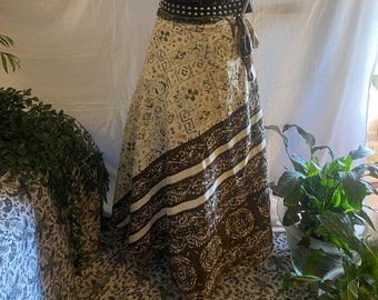 Calm cream & brown Double sided recycled sari layered wrap skirt gypsy romantic handmade boho hippy festival free size versatile dress