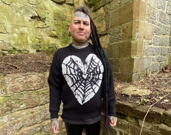 Heart of Darkness oversized boyfriend knit comfy cozy cobweb Goth black vegan punk attitude death rock one size Unisex jumper sweater