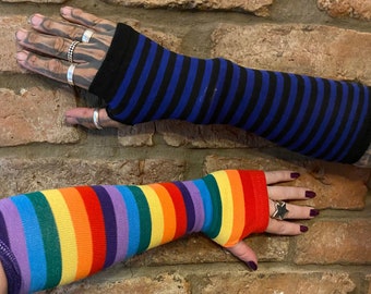 Super cozy snug stripy gender neutral knitted arm warmers hippy festival Goth boho punk rock metal 8 colours to choose from rainbow goth Y2K