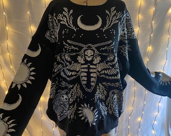 Curve baggy chunky knit deaths head moth Sun & Moon black vegan knit cozy hippy warm jumper one size Unisex witchy Goth plus size 20 22 24