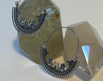 Double Peacock Hand made fair trade Silver plated brass bohemian hippy meditation Hill Tribe Earring ear weights tattoo buddhist protection