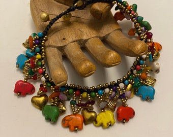 Luxury vibrant rainbow stone Elephants and heart bells Bohemian boho design hippy festival chime anklet ankle chain body jewellery festival