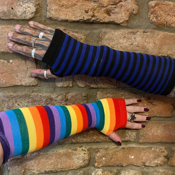 Super cozy snug stripy gender neutral knitted arm warmers hippy festival Goth boho punk rock metal 8 colours to choose from rainbow goth Y2K