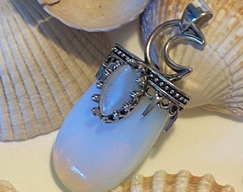 Luna moon goddess crowned Milky Moonstone pendant talisman pendulum set with calming stress soothing moonstone bohemian gothic Wiccan witch