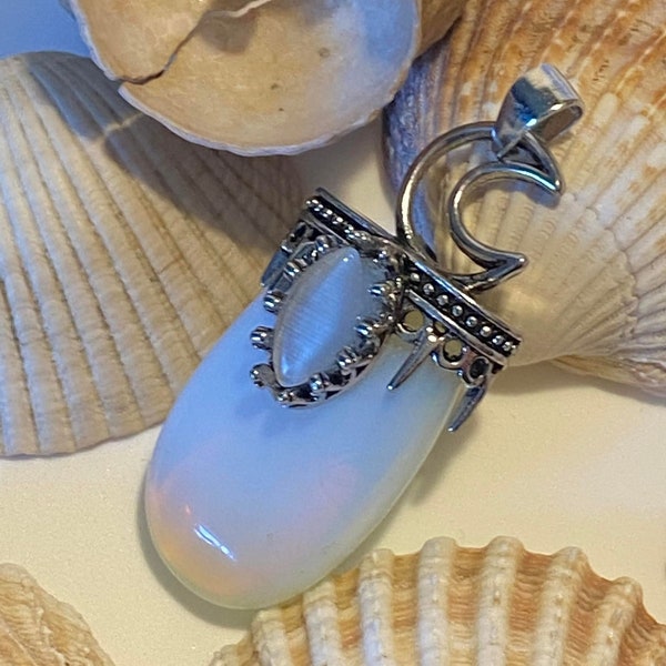 Luna moon goddess crowned Milky Moonstone pendant talisman pendulum set with calming stress soothing moonstone bohemian gothic Wiccan witch