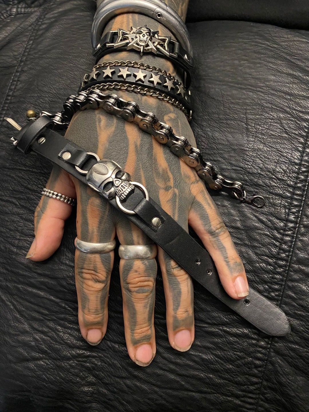 Large Single Biker Chrome Skull Goth Punk Rocker Black Leather Buckle ...