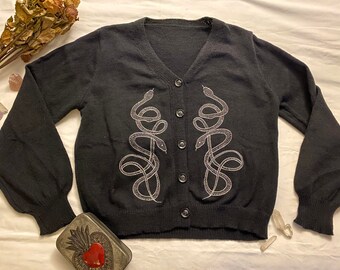 Entwined snakes embroidered pixie goth Vegan knit black button up cardigan top One Size unisex winter cozy 12 14 16