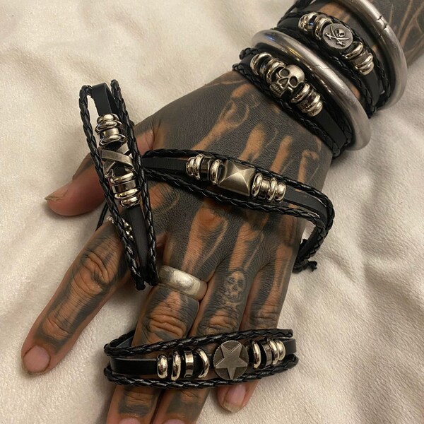 Recycled leather wristband Pirate Skull Transformation Star Stud Biker cuff bangle bracelet friendship gender neutral rocker metal tribal