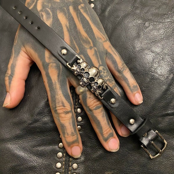 Triple Biker chrome Skull Goth Punk rocker black Veggie leather buckle wristband cuff bangle bracelet gender neutral tattoo art viking metal