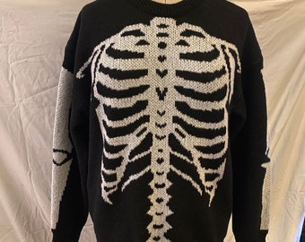 Goth punk Valentine death rock black fluffy vegan long  loose knit skeleton ribcage cozy warm jumper one size fits all S/M/L/XL Unisex fit