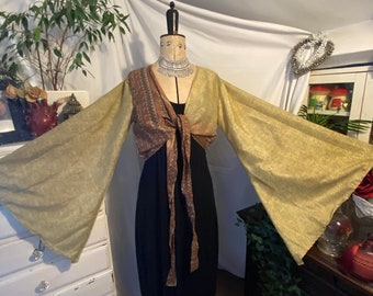 Forest gold brown  bell sleeve wrap tie front top shrug Boho hippy cottage fairy core sari handmade festival forest floaty cover up one size