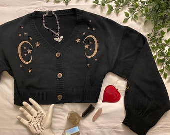 Crescent moon & starlight embroidered pixie goth forest fairy core Vegan knit black button up cardigan top One Size unisex cozy 12 14 16