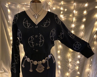 Magical Pentacle Pagan Wicca Valentine Cottage core pixie goth Vegan knit black button up cardigan One Size unisex pentagram cozy 12 14 16