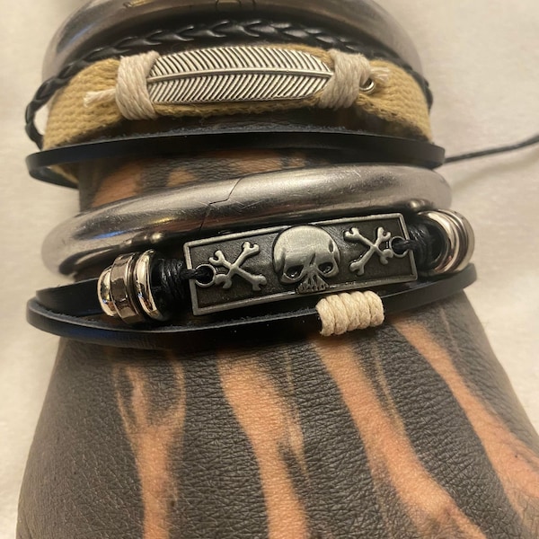 Recycled leather wristband Biker Goth Punk Tattoo Tribal Balance cuff bangle bracelet friendship gender free Yin Yang momento mori skull
